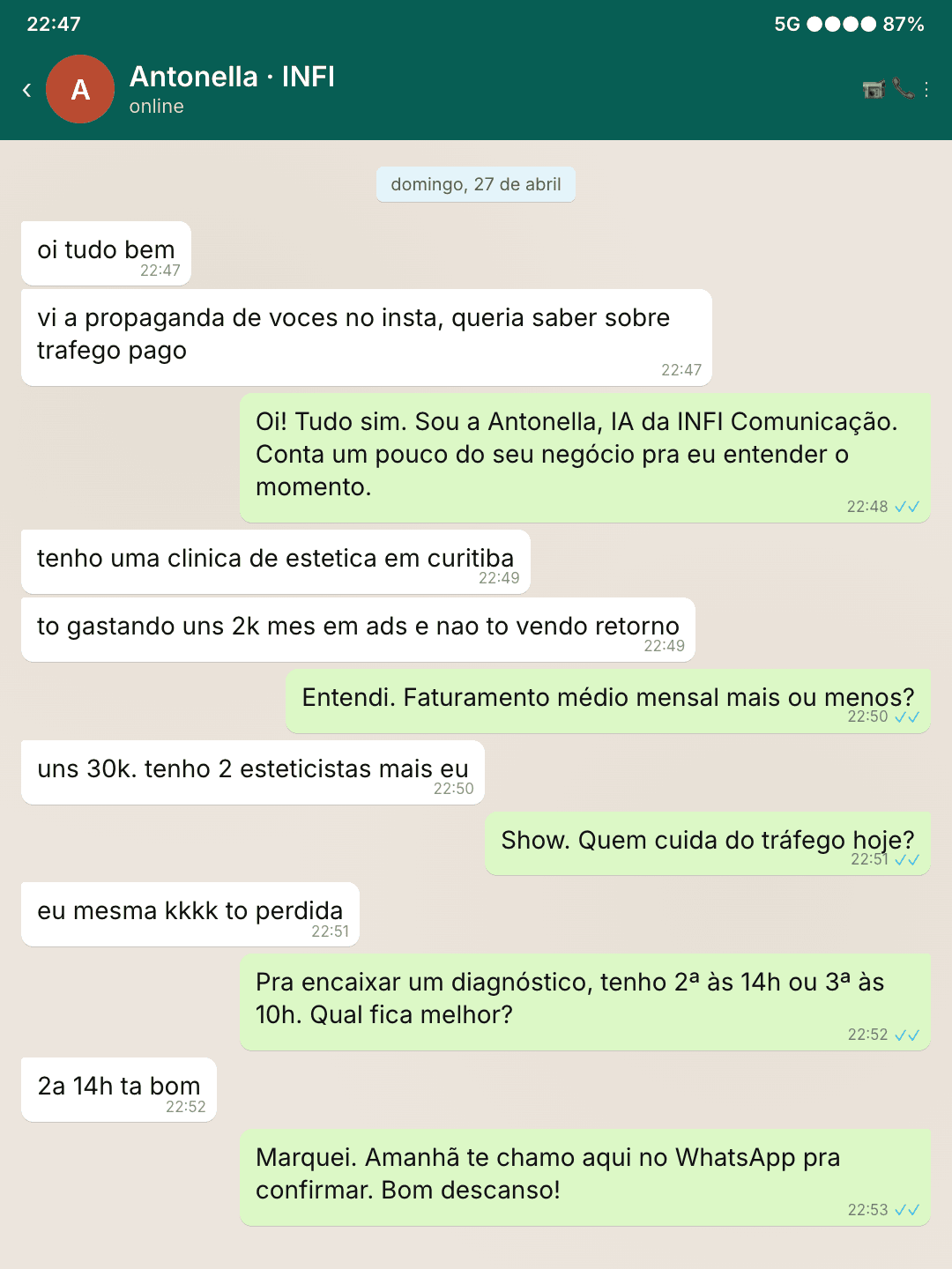 Reconstituição de conversa real entre Antonella e pessoa interessada
